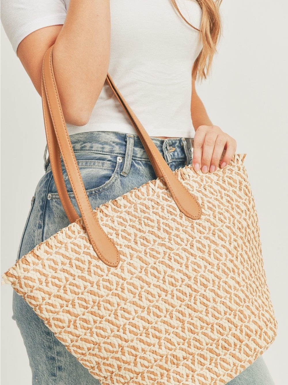 Woven Straw Tote Bag with Tan Handles - Picture 4 of 8